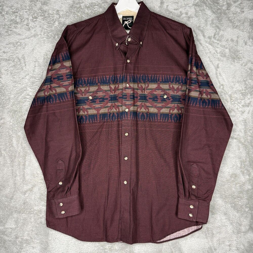 Vtg Roper Shirt Mens Large Aztec Button Down Long Sleeve Aztec Southwestern USA